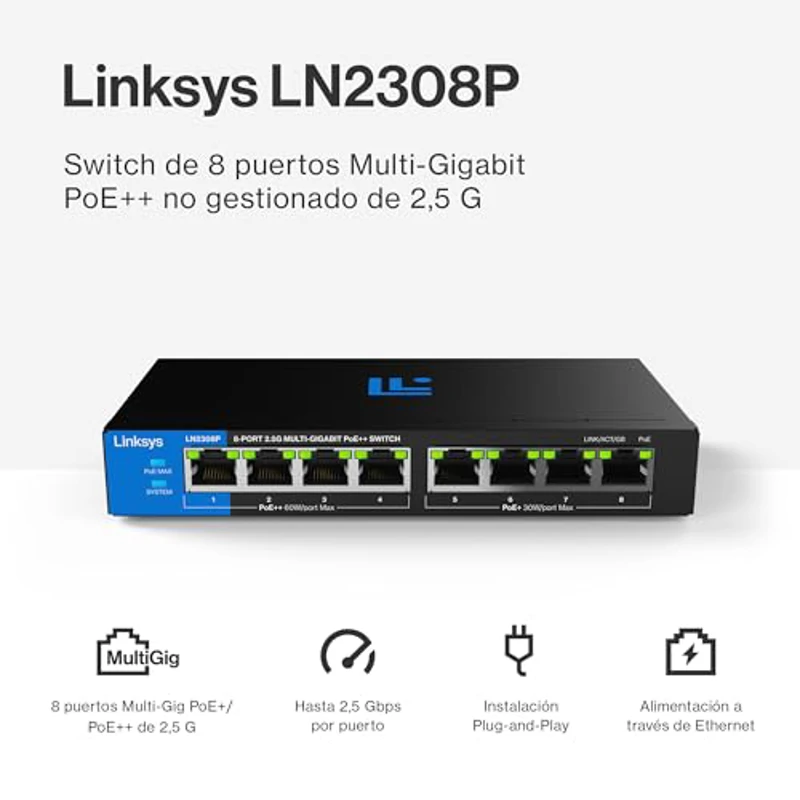 Switch PoE++ multigigabit Linksys no administrado de 8 Puertos y 2,5 G | Ethernet bajo Consumo | Control dúplex Completo | para WiFi 6/6E/7 y cámaras IP | Carcasa metálica | Presupuesto PoE de 180 W - Imagen 2