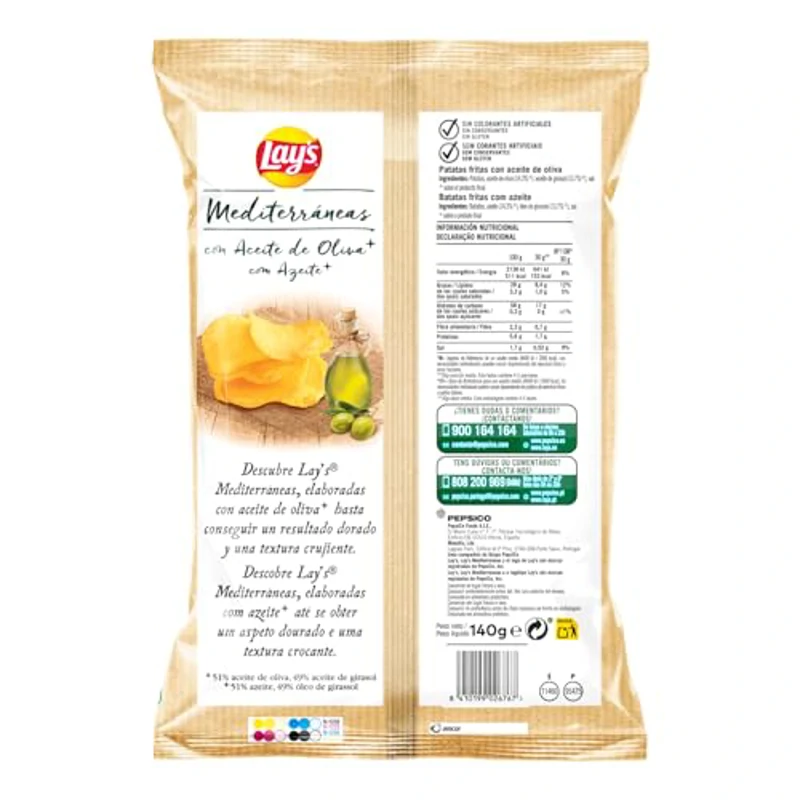 Lay's Mediterraneas, Patatas fritas con aceite de oliva, Producto de Aperitivo, bolsa individual, 140gr - Imagen 2