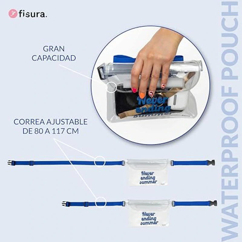 Fisura – Bolsa Impermeable. Riñonera Impermeable al Agua. Bolsa estanca con cinturón Ajustable. 22,5 cm x 12,5 cm (Summer, Azul) - Imagen 3