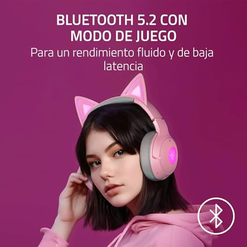 Razer Kraken Kitty V2 BT - Auriculares RGB inalámbricos por Bluetooth con orejas de gatito (Bluetooth 5.2, Diafragmas TriForce de 40 mm, Construcción ligera de 325 g) Quartz - Imagen 3