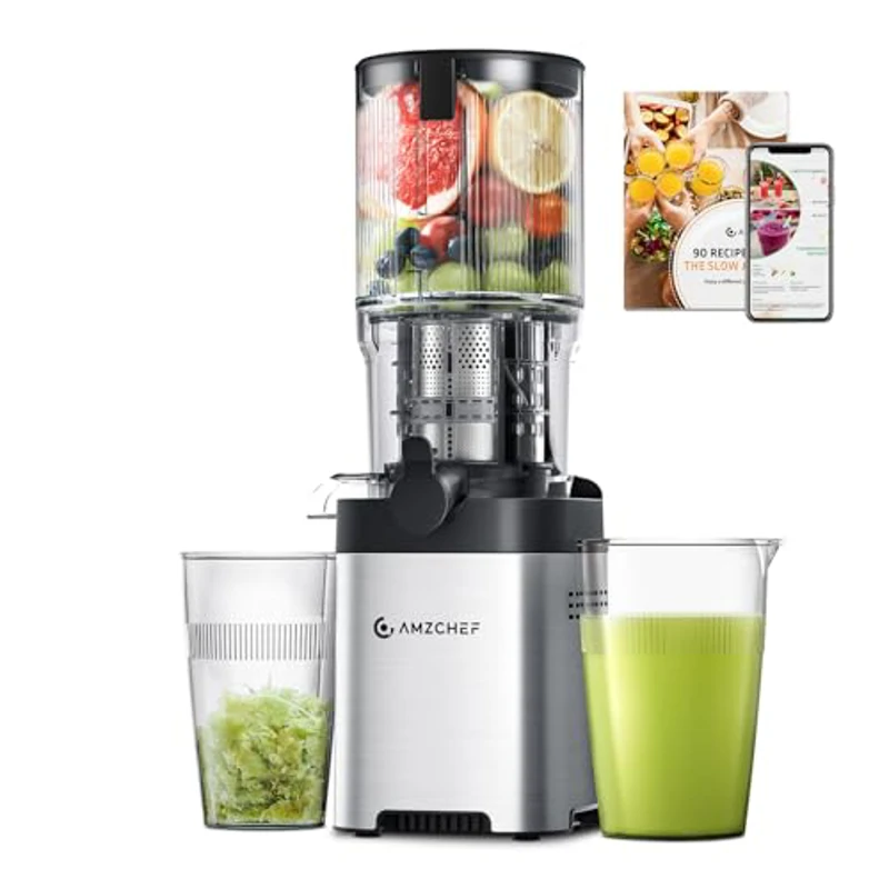 AMZCHEF Extractor De Zumos Y Verduras, Licuadora De 126 MM Para Frutas Y Verduras Enteras, Extractor Acero Inoxidable, Fácil De Limpiar, Sinfín Grande, Colador Doble - Imagen 1