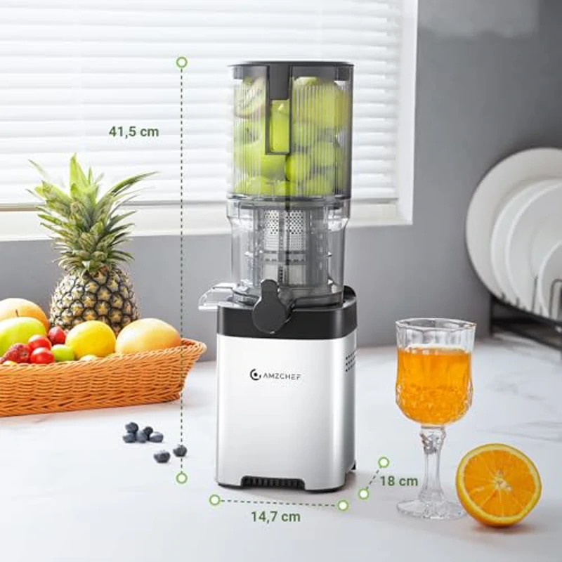 AMZCHEF Extractor De Zumos Y Verduras, Licuadora De 126 MM Para Frutas Y Verduras Enteras, Extractor Acero Inoxidable, Fácil De Limpiar, Sinfín Grande, Colador Doble - Imagen 2