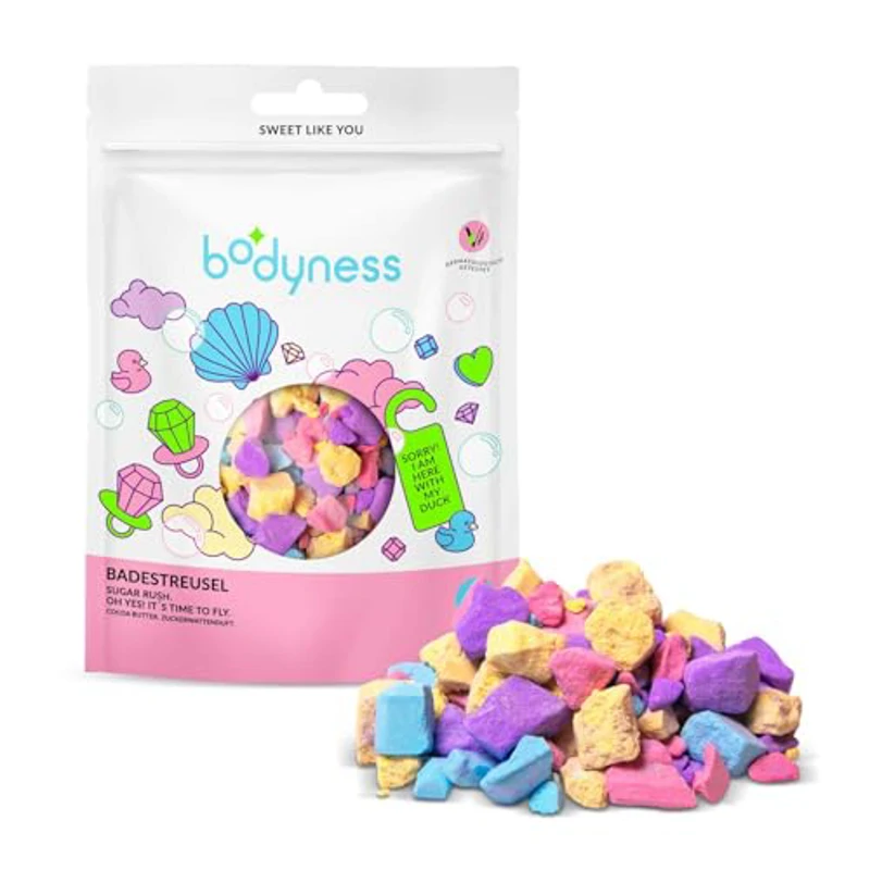 BODYNESS Sales de Baño Sugar Rush - sales de baño de 300g con 4 capas de color - con sabor a algodón de azúcar y manteca de cacao - morado, azul, amarillo y rosa - Imagen 1