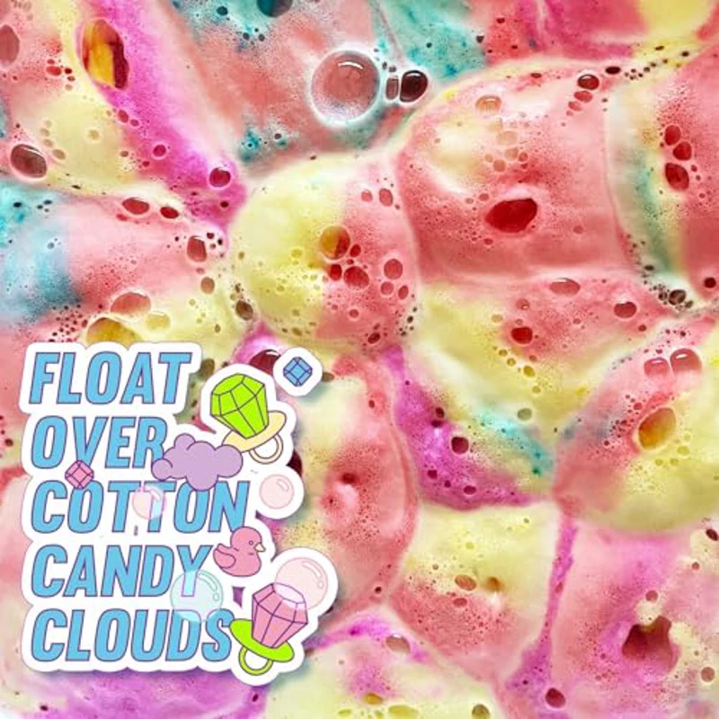 BODYNESS Sales de Baño Sugar Rush - sales de baño de 300g con 4 capas de color - con sabor a algodón de azúcar y manteca de cacao - morado, azul, amarillo y rosa - Imagen 2
