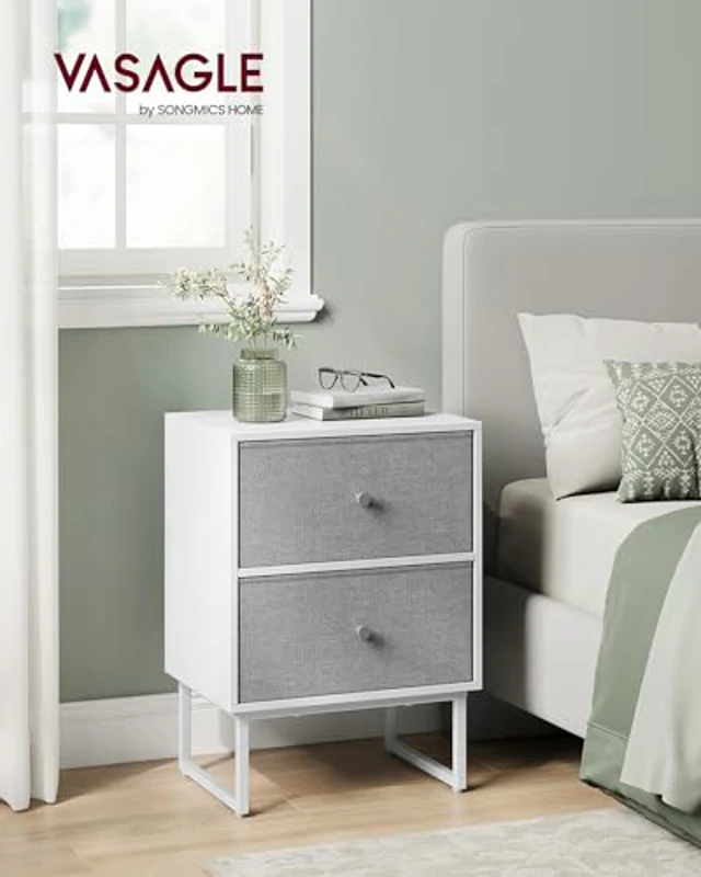 VASAGLE Mesita de Noche, Mesa Auxiliar con Almacenamiento, 2 Cajones Extraíbles de Tela, para Dormitorio, Salón, Blanco Nube y Gris Paloma LGS029W14 - Imagen 2