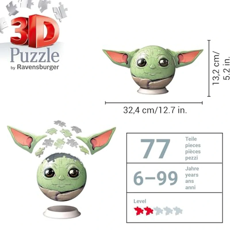 Ravensburger - Puzzle 3D Niños Bola De Star Wars: Grogu con Orejas | Puzzles 3D para Niños De 6 Años O Más | Maquetas para Montar De 72 Piezas | Regalo Niño 6 Años O Más - Imagen 3