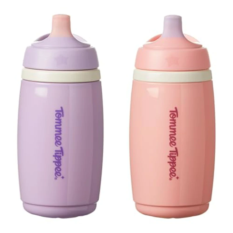 Tommee Tippee Vaso Isotérmico con Boquilla, 266ml, Botella de Agua Antigoteo para Niños a Partir de 12 Meses, con Aislamiento para Mantener la Bebida Fría, Rosa y Morado, Pack de 2 - Imagen 1