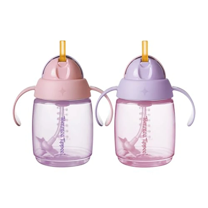 Tommee Tippee vaso de aprendizaje con pajita, 240 ml, vaso de transición para bebés a partir de 6 meses, con pajita de silicona con contrapeso y asas fáciles de sujetar, Rosa y Morado, pack de 2 - Imagen 1