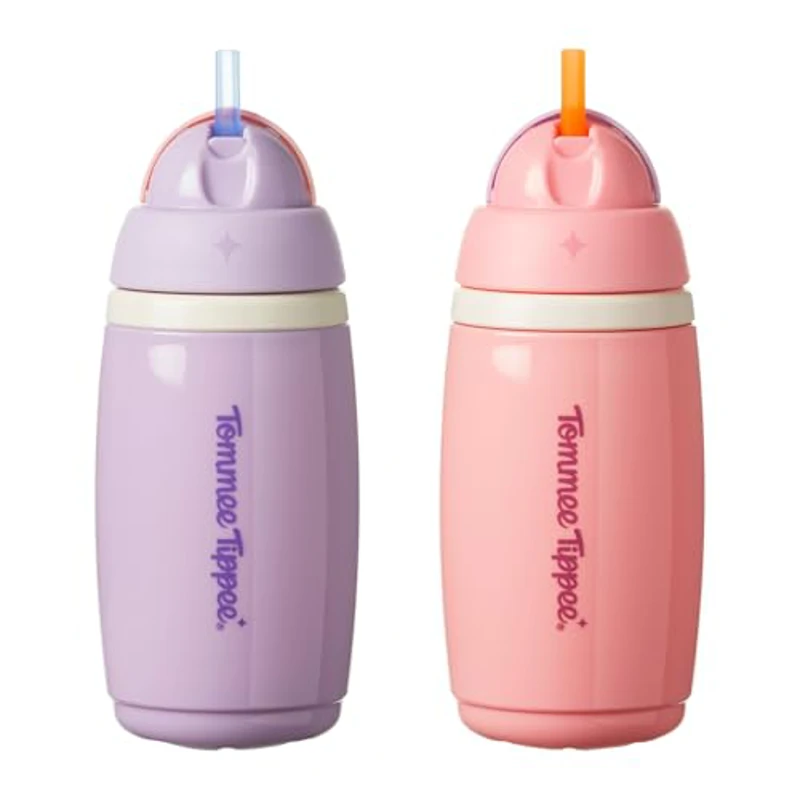 Tommee Tippee botella isotérmica con pajita, 266 ml, botella de agua antiderrames para bebés a partir de 12 meses, tapa abatible para mantener la pajita limpia, Rosa y Morado, pack de 2 - Imagen 1