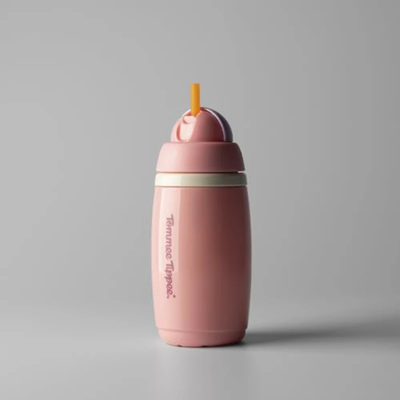 Tommee Tippee botella isotérmica con pajita, 266 ml, botella de agua antiderrames para bebés a partir de 12 meses, tapa abatible para mantener la pajita limpia, Rosa y Morado, pack de 2 - Imagen 2