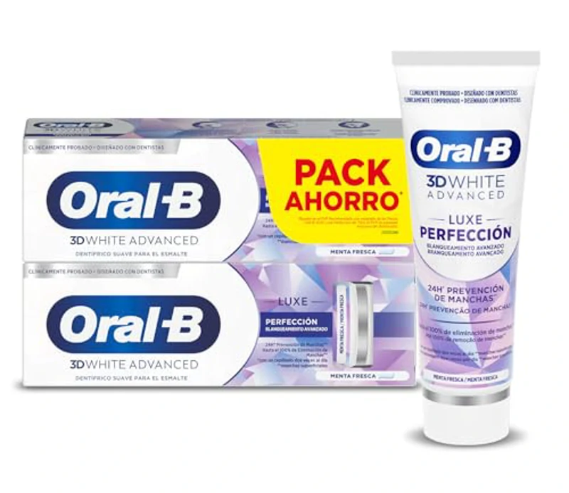 Oral-B 3D White Advanced Luxe Perfection Pasta De Dientes Blanqueadora, Pack 2x75 ml, Blanqueamiento Avanzado, Dentífrico Con Flúor, Sabor a Hierbabuena Fresca - Imagen 1