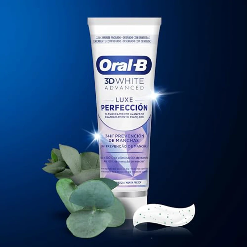 Oral-B 3D White Advanced Luxe Perfection Pasta De Dientes Blanqueadora, Pack 2x75 ml, Blanqueamiento Avanzado, Dentífrico Con Flúor, Sabor a Hierbabuena Fresca - Imagen 3