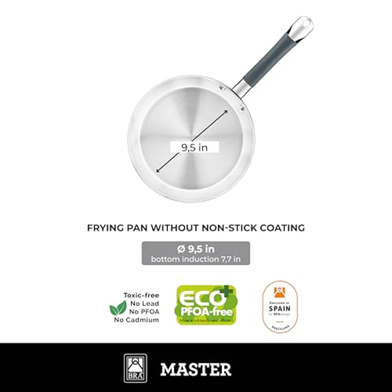BRA Master Set de sartenes 20-24-28 cm, acero inoxidable, Sin Antiadherente, Sin PFOA, Full Induction, Apta para todo tipo de Cocinas, Mango acero inoxidable recubierto de Silicona - Imagen 3