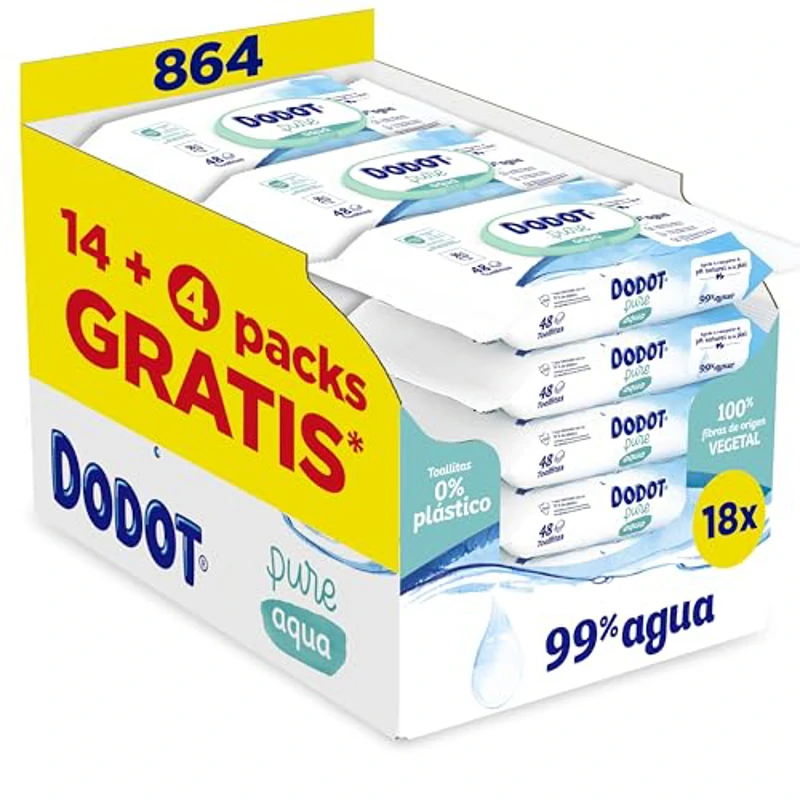 Dodot Toallitas Pure Aqua Para Bebé, 864 Toallitas (18 Packs de 48 Unidades), Ayuda A Restaurar El PH Natural De La Piel, 99% Agua, Sin plástico - Imagen 1