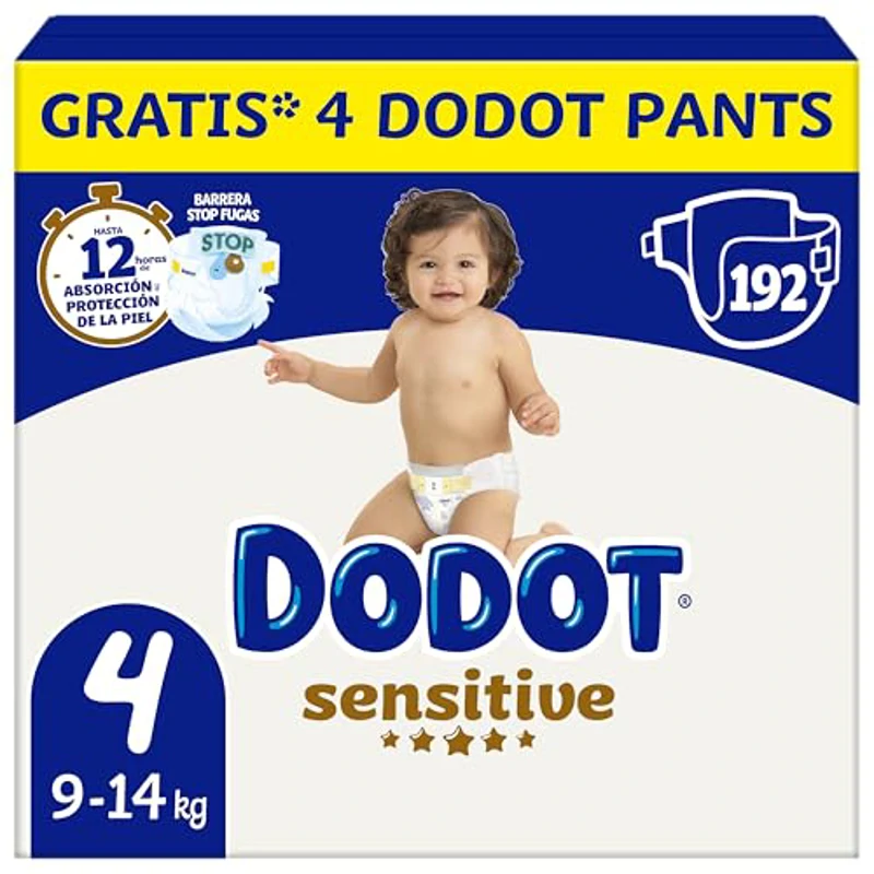 Dodot Pañales Bebé Sensitive, Talla 4 (9-14 kg), 192 Pañales + 4 Pants de Regalo, Hasta 12 h De Protección Antifugas y Cuidado de la Piel, Pack Mensual - Imagen 1