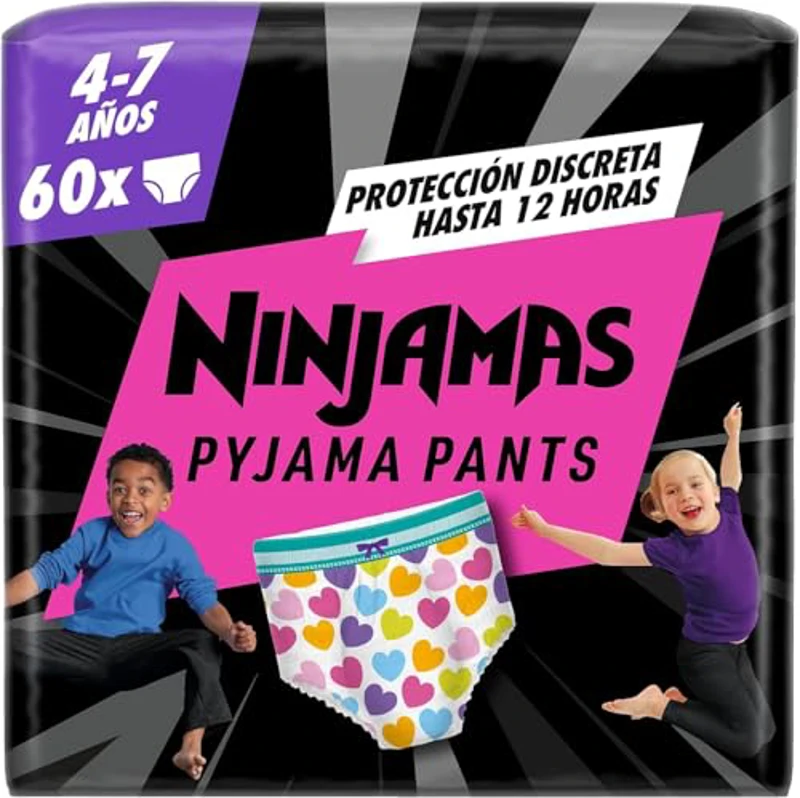 Dodot Pañal-Braguita Ninjamas, Talla 4-7 años (17-30 kg), 60 pañales tipo braguita, pañal noche con Corazones, Protección Contra Fugas Toda La Noche - Imagen 1