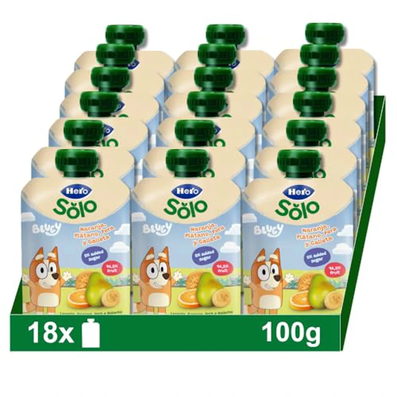 Hero Baby Mi Fruta Bolsita de Fruta con Naranja, Plátano, Pera y Galleta - Para Bebés a Partir de los 12 Meses - Pack de 18 x 100 g (embalaje puede variar) - Imagen 1