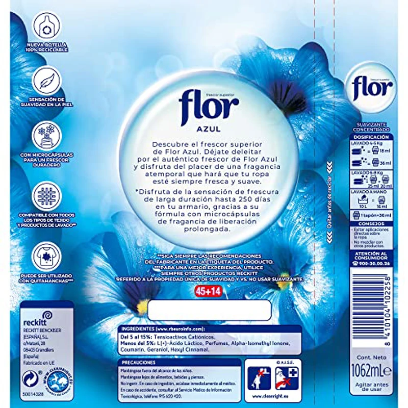 Flor - Suavizante para la ropa concentrado, aroma azul - Pack de 10, hasta 590 dosis - Imagen 2