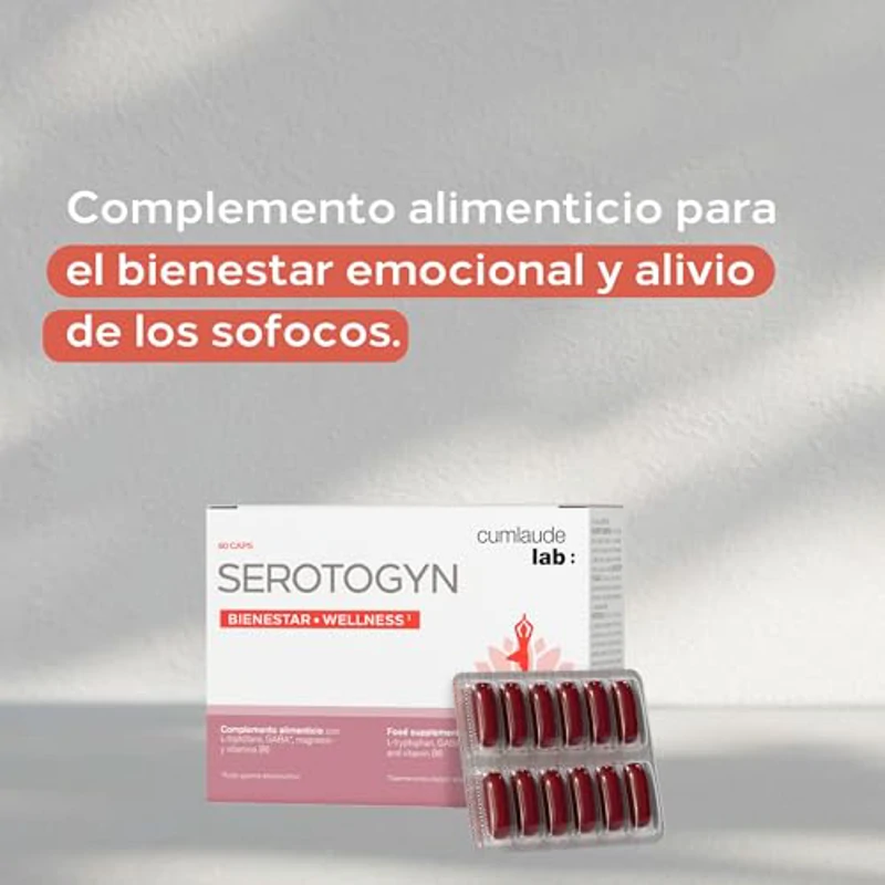 Cumlaude Lab Serotogyn - Complemento Alimenticio para Disminuir los Sofocos y Mejorar el Estado de Ánimo durante la Menopausia, con Triptófano, GABA, Magnesio y Vitamina B6 - 60 Cápsulas - Imagen 3