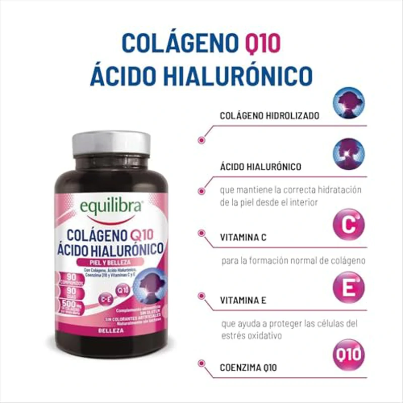 Equilibra Complemento alimenticio, Colágeno Q10 Ácido Hialurónico, Bueno estado de la piel, a Base de Colágeno Hidrolizado, Ácido Hialurónico, Coenzima Q10, Vitaminas C y E, 90 Comprimidos - Imagen 2