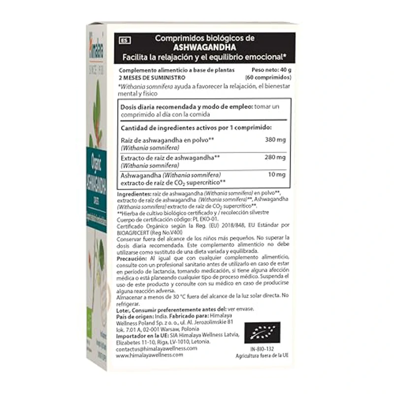 Himalaya Orgánica Ashwagandha (Indian Ginseng) Suplemento de hierbas para el alivio del estrés, apoyo a la energía, insomnio ocasional, certificado orgánico, vegano, 670 mg, 60 cápsulas - Imagen 2