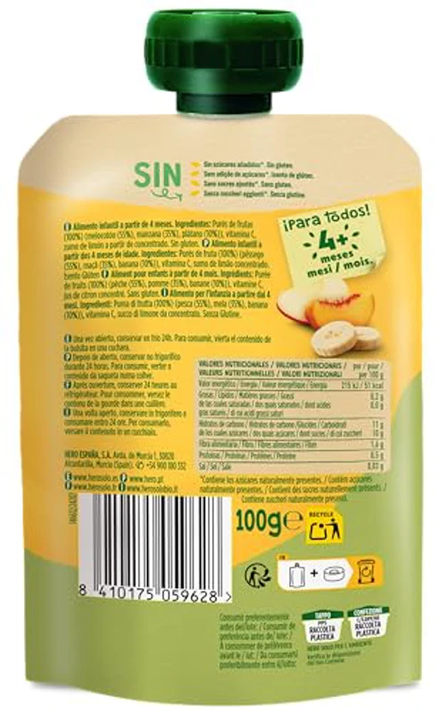 Hero Baby - Bolsita de 3 Frutas con Melocotón, Manzana y Plátano, Sin Conservantes ni Colorantes, Aceite de Palma, Gluten, ni Azúcares Añadidos, Para Bebés A Partir de los 4 Meses - Pack de 18 x 100 g - Imagen 3