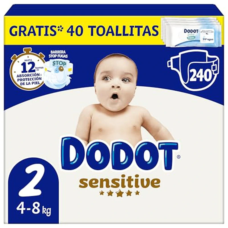 Dodot Pañales Bebé Sensitive, Talla 2 (4-8 kg), 240 Pañales + Regalo de 40 Toallitas Aqua Pure 99% Agua, Hasta 12 h De Protección Antifugas y Cuidado de la Piel, Pack Mensual - Imagen 1