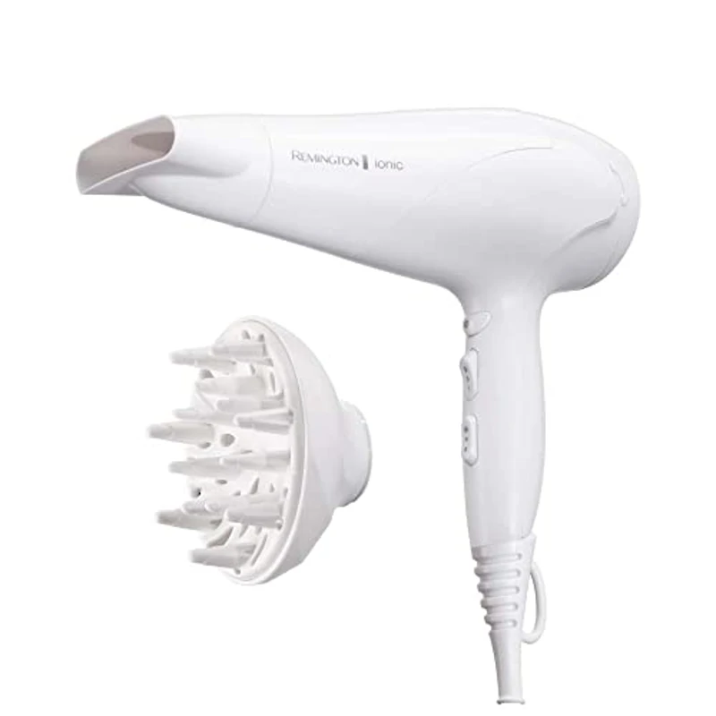 Remington Secador de Pelo Ionic Dry 2200, Iónico, Cabello Sin Encrespamiento, 2200 W, Concentrador y Difusor, 3 Temperaturas, 2 Velocidades, Rejilla Trasera Desmontable, Gancho, Blanco, D3199 - Imagen 1