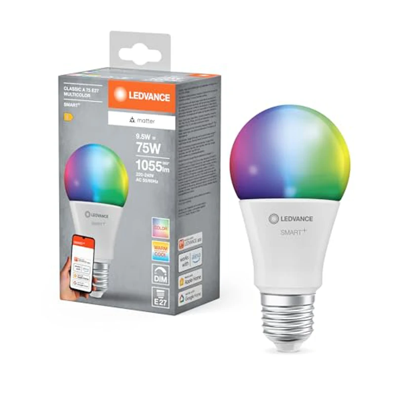 LEDVANCE Lámpara LED SMART+ MATTER, compatible con Google, Alexa, Apple, aspecto esmerilado, 9,5W, 1055lm, base E27, función RGBW, luz blanca, control por app o voz, vida útil de hasta 20.000 horas - Imagen 1