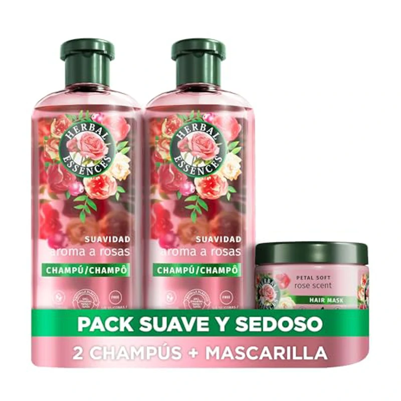 Herbal Essences Champú Aroma A Rosas 2x350ml + Mascarilla 500ml. Ayuda A Suavizar E Hidratar El Pelo Seco. Con Esencia De Rosas. De Origen Natural* - Imagen 1