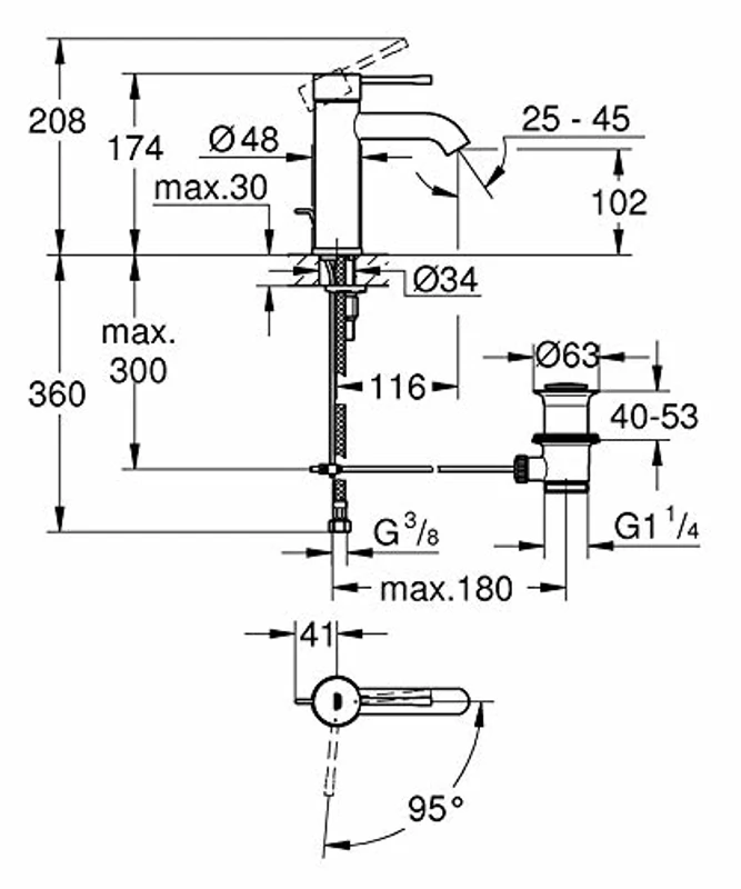 Grohe Essence - Grifo de Lavabo Monomando con Vaciador Automático y Función de Ahorro Energético, con Conexiones Flexibles (Ref. 23591001) - Imagen 3