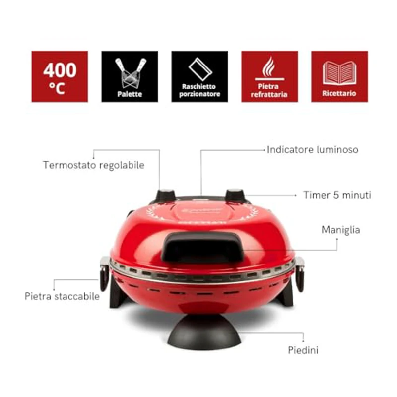 G3 Ferrari G1017702 Delizia Aniversary - Horno para pizza (1200 W, 400 °C, edición limitada, aniversario, 3-5 minutos, incluye libro de recetas) - Imagen 2