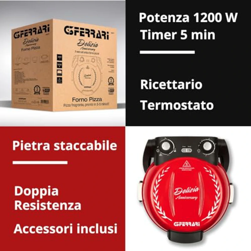 G3 Ferrari G1017702 Delizia Aniversary - Horno para pizza (1200 W, 400 °C, edición limitada, aniversario, 3-5 minutos, incluye libro de recetas) - Imagen 3