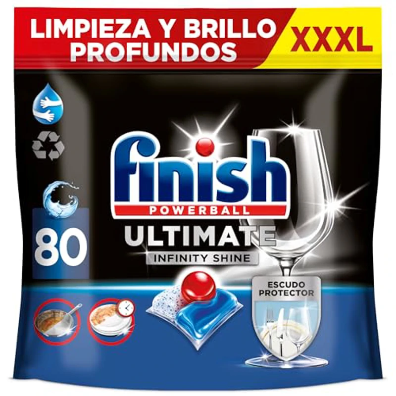 Finish Powerball Ultimate Infinity Shine, pastillas para el lavavajillas con poder quitagrasas y protección del cristal, 80 pastillas - Imagen 1