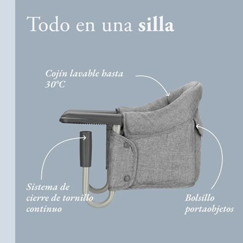 Inglesina Fast, Asiento de Mesa Plegable, Gris Claro (Stone Grey), Fácil de Transportar, Lavable, Instalación Segura, Hasta 15 kg, 35 x 27 42 cm - Imagen 2