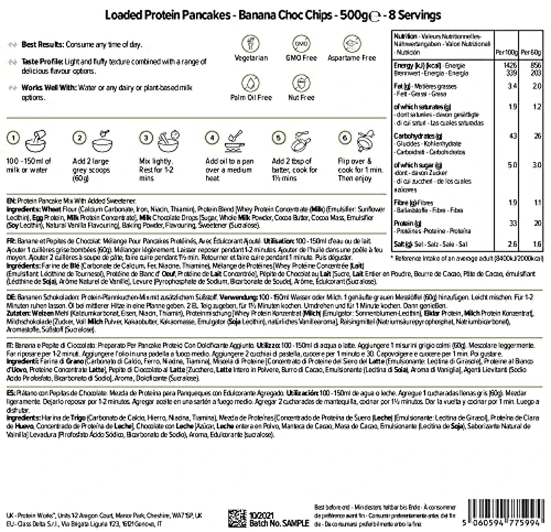 THE PROTEIN WORKS Loaded Tortitas Proteicas, Alto En Proteínas, Bajo Ig, Mezcla De Tres Proteínas, Banana & Choc Chip, 500g - Imagen 2