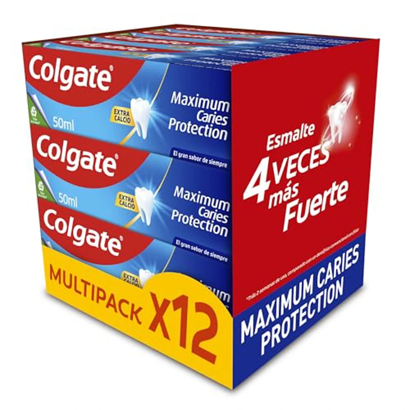 Colgate Pasta de dientes Maximum Caries Protection Pack 12 x 50ml | tecnología superior** anticaries | esmalte 4 veces más fuerte | pasta de dientes con flúor y arginina | sabor a menta - Imagen 1