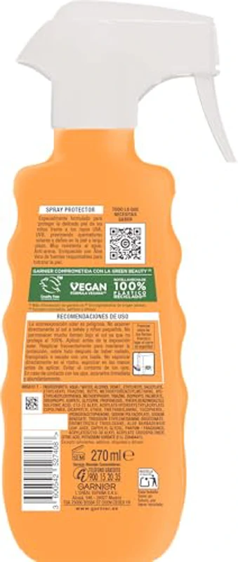 Garnier Delial Niños Hydra 24h Protect Pistola Spray Protector Solar FPS 50+. Muy alta protección. Resistente al agua y a la arena. Para niños. Testada bajo control pediátrico. 270 ml - Imagen 2