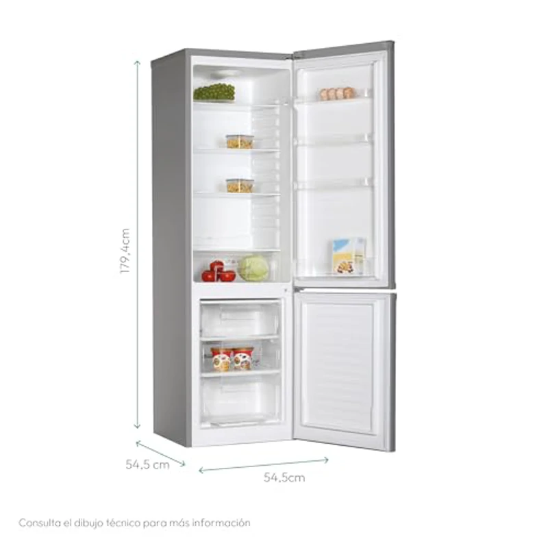 Candy CCG1S 518EX Frigorífico Combi, Ancho 55cm, Altura 1,80m, Capacidad 252L, Cajón Verdulero, Control Mecánico de la temperatura, Iluminación LED, Puerta Reversible, 41DB, Inox - Imagen 3