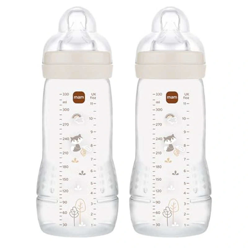 MAM Pack 2 Biberones, a partir de 4 Meses, 330ml, con Tetina 3 de Flujo Rápido de Silicona de Fácil Aceptación, Fácil de Sostener, Fácil de Limpiar, MAM Easy Active, Neutro Brillante, Pack de 2uds - Imagen 1