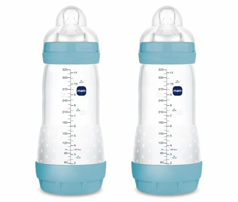 MAM Pack 2 Biberones Anticólicos, a partir de 4 Meses, 320ml, con Tetina 3 Flujo Rápido de Fácil Aceptación, Autoesterilizable y Fácil de Limpiar, MAM Easy Start Anti-Colic, Azul Mate, Pack de 2uds - Imagen 1