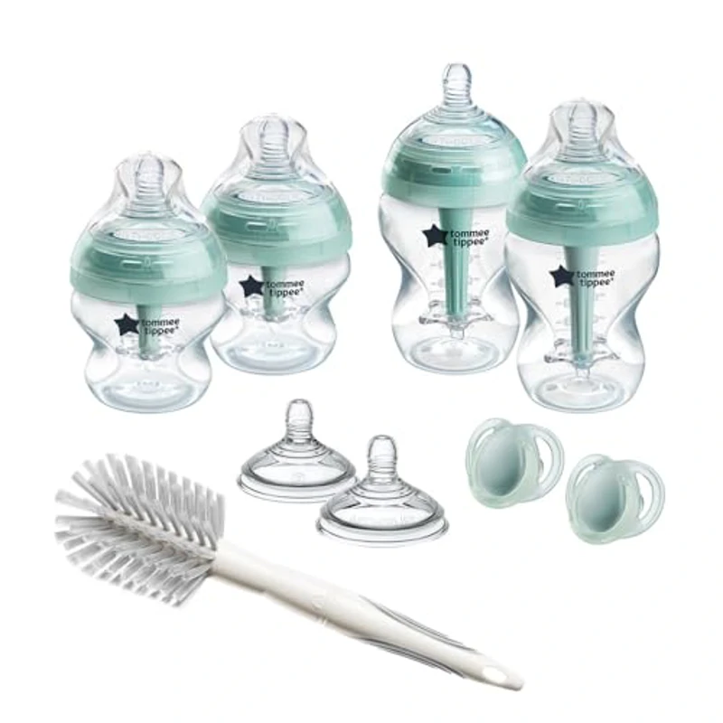 Tommee Tippee Biberones, set anticólicos óptimo para recién nacidos, 4 biberones con 2 tetinas anatómicas de flujo medio, varilla de ventilación - Imagen 1