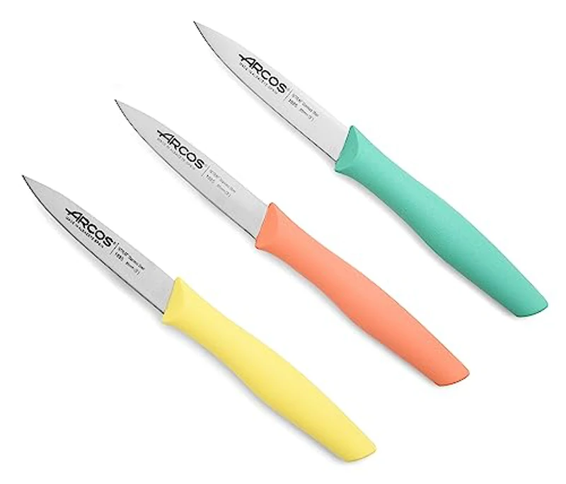 Arcos Set Cuchillos Mondadores. 3 Piezas Acero Inoxidable. Cuchillos Cocina Peladores Multicolor para Pelar Frutas y Verduras. Mango Ergonómico Polipropileno. Serie Nova. Naranja, Amarillo y Azul. - Imagen 1