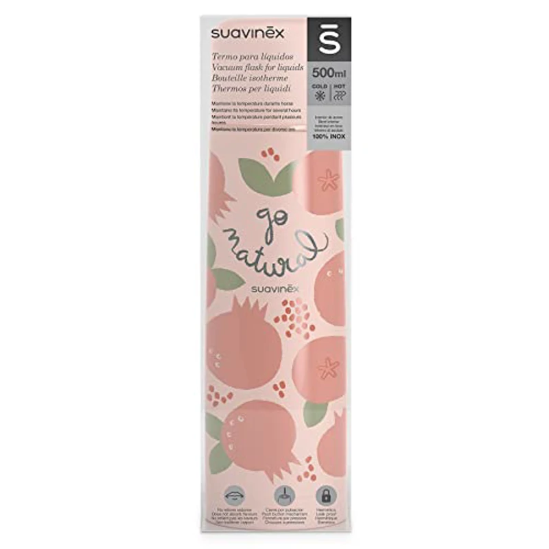 Suavinex, Termo Líquidos para Bebé. Termo de Acero Inoxidable con Cierre Hermético. Para Bebidas Calientes y Frías. 500 ml. Diseño Granada, Color Coral - Imagen 2