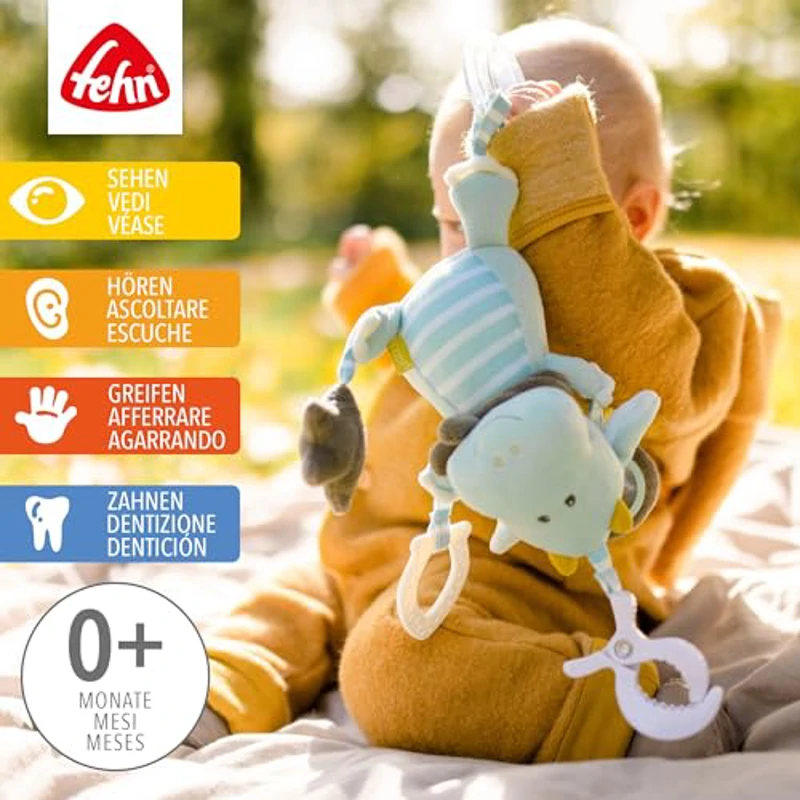 Fehn juguete de actividades dragón - juguete de motricidad infantil para cochecitos, cunas y portabebés para morder, agarrar y hacer ruidos - juguete mordedor para bebés y niños mayores de 0 meses - Imagen 2