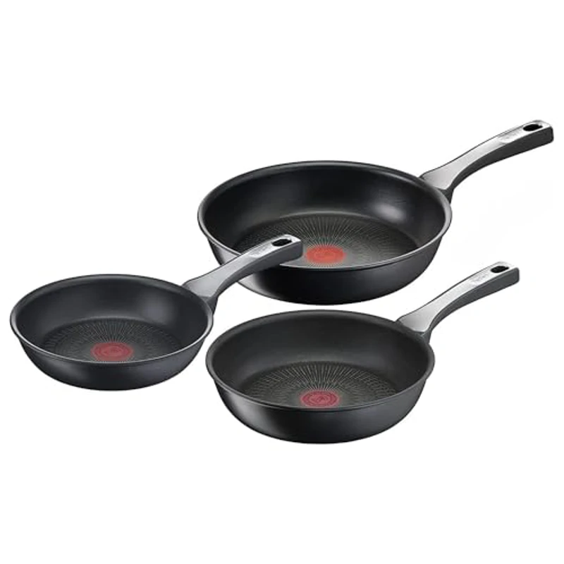 Tefal Unlimited On - Juego de 3 Sartenes 20/24/28 cm, Apto inducción, antiadherente, revestimiento titanio, Thermo-signal, sin PFOA, apto lavavajillas y horno, acero inoxidable - Imagen 1