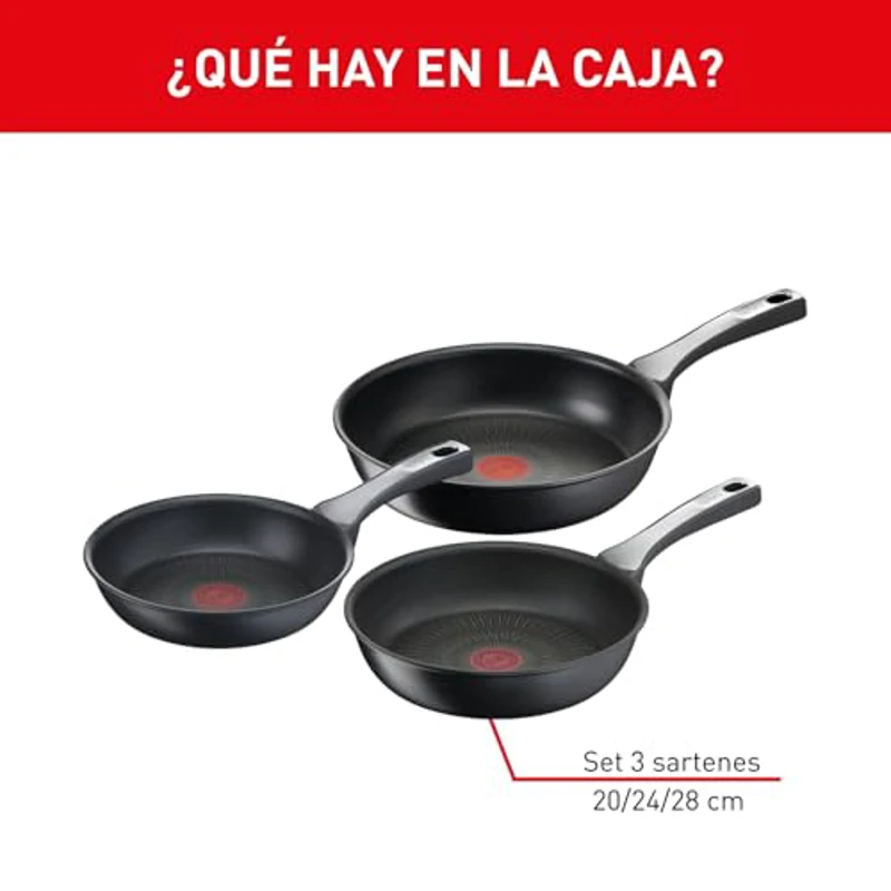 Tefal Unlimited On - Juego de 3 Sartenes 20/24/28 cm, Apto inducción, antiadherente, revestimiento titanio, Thermo-signal, sin PFOA, apto lavavajillas y horno, acero inoxidable - Imagen 2