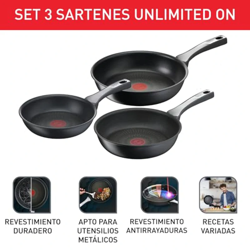 Tefal Unlimited On - Juego de 3 Sartenes 20/24/28 cm, Apto inducción, antiadherente, revestimiento titanio, Thermo-signal, sin PFOA, apto lavavajillas y horno, acero inoxidable - Imagen 3