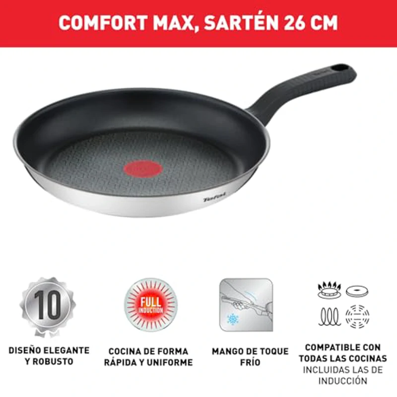 Tefal Comfort Max - Sartén de 26 cm, Apto inducción, antiadherente, revestimiento titanio, Thermo-signal, sin PFOA, apto lavavajillas y horno, acero inoxidable - Imagen 2