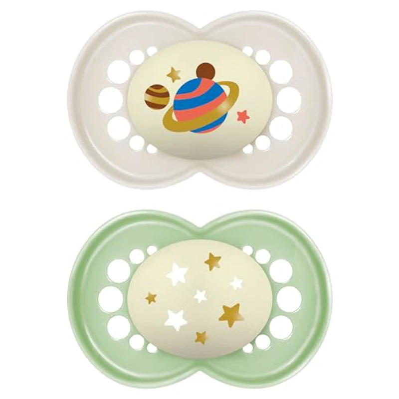 MAM Chupete de Látex de Caucho Natural, Brilla en la Oscuridad, a Partir de 16 Meses, con Tetina Simétrica, Plana y Flexible, con Caja Autoesterilizadora, Neutro Brillante, Pack de 2uds - Imagen 1
